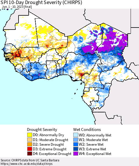 Western Africa SPI 10-Day Drought Severity (CHIRPS) Thematic Map For 6/1/2023 - 6/10/2023