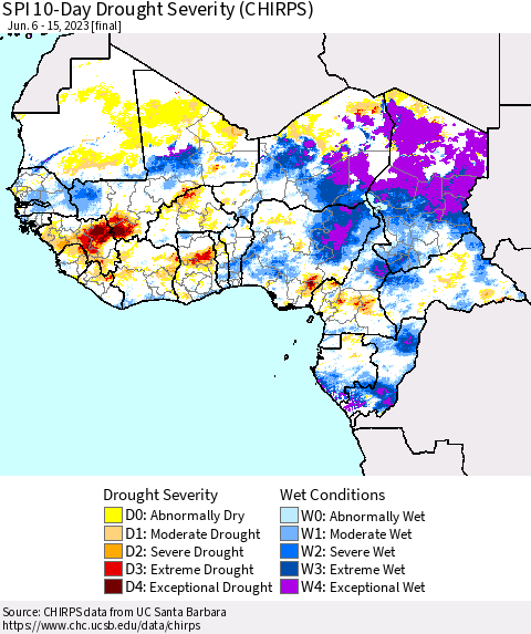 Western Africa SPI 10-Day Drought Severity (CHIRPS) Thematic Map For 6/6/2023 - 6/15/2023