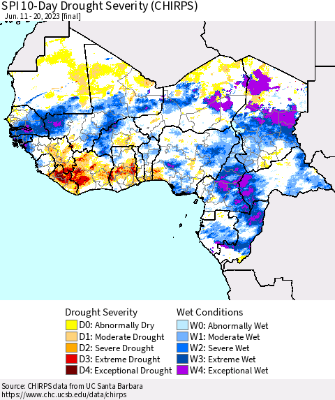 Western Africa SPI 10-Day Drought Severity (CHIRPS) Thematic Map For 6/11/2023 - 6/20/2023