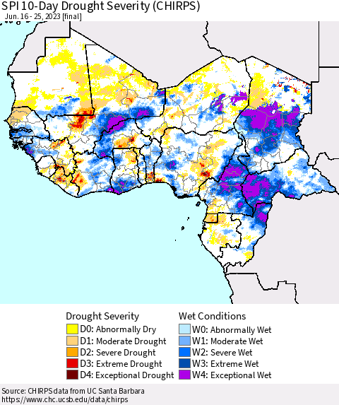 Western Africa SPI 10-Day Drought Severity (CHIRPS) Thematic Map For 6/16/2023 - 6/25/2023