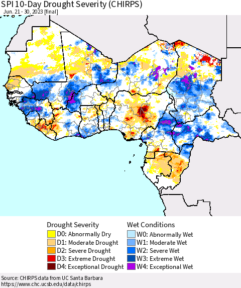 Western Africa SPI 10-Day Drought Severity (CHIRPS) Thematic Map For 6/21/2023 - 6/30/2023