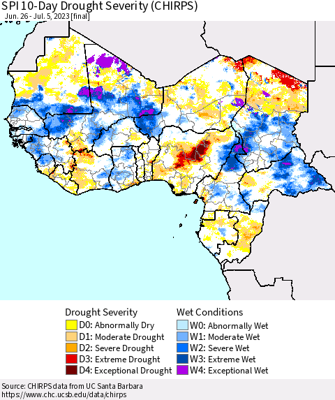 Western Africa SPI 10-Day Drought Severity (CHIRPS) Thematic Map For 6/26/2023 - 7/5/2023