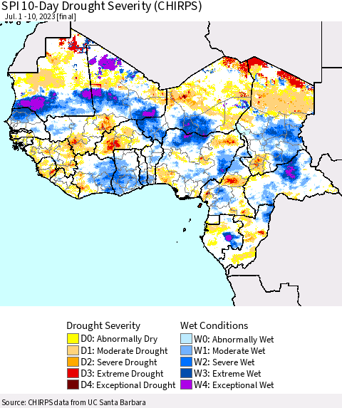 Western Africa SPI 10-Day Drought Severity (CHIRPS) Thematic Map For 7/1/2023 - 7/10/2023