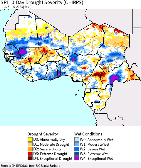 Western Africa SPI 10-Day Drought Severity (CHIRPS) Thematic Map For 7/6/2023 - 7/15/2023
