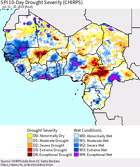 Western Africa SPI 10-Day Drought Severity (CHIRPS) Thematic Map For 7/11/2023 - 7/20/2023