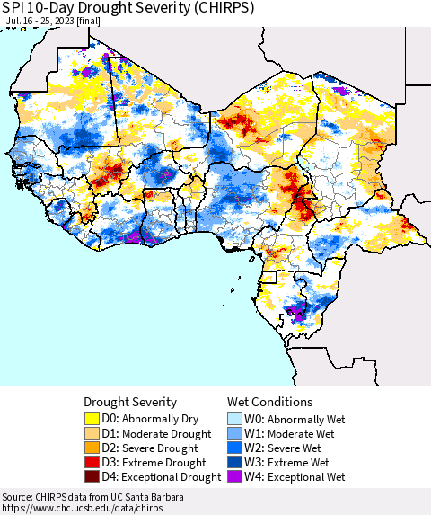 Western Africa SPI 10-Day Drought Severity (CHIRPS) Thematic Map For 7/16/2023 - 7/25/2023