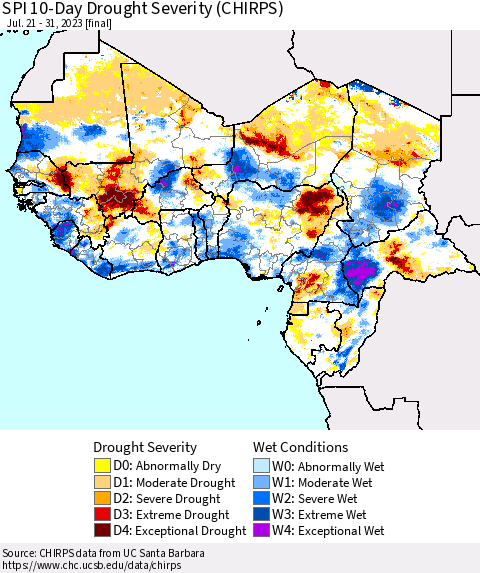 Western Africa SPI 10-Day Drought Severity (CHIRPS) Thematic Map For 7/21/2023 - 7/31/2023