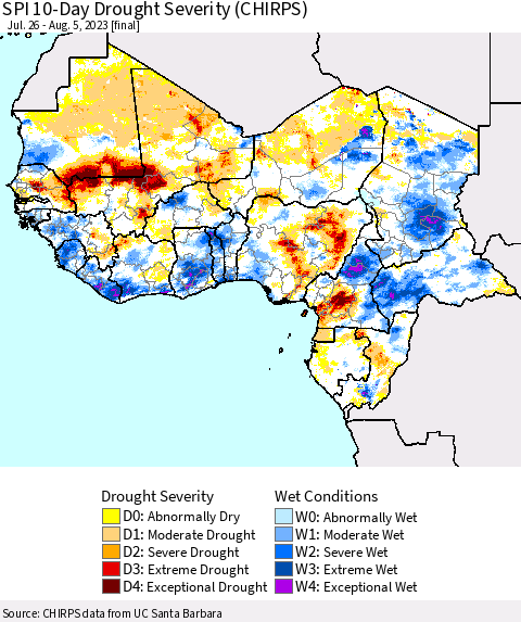 Western Africa SPI 10-Day Drought Severity (CHIRPS) Thematic Map For 7/26/2023 - 8/5/2023