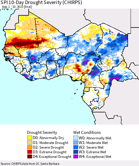 Western Africa SPI 10-Day Drought Severity (CHIRPS) Thematic Map For 8/1/2023 - 8/10/2023