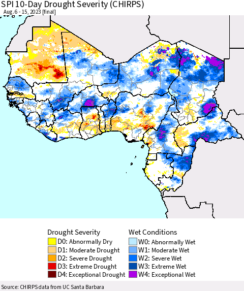 Western Africa SPI 10-Day Drought Severity (CHIRPS) Thematic Map For 8/6/2023 - 8/15/2023