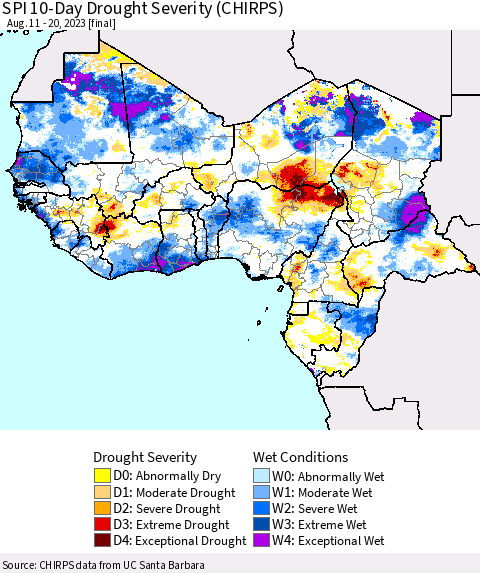 Western Africa SPI 10-Day Drought Severity (CHIRPS) Thematic Map For 8/11/2023 - 8/20/2023