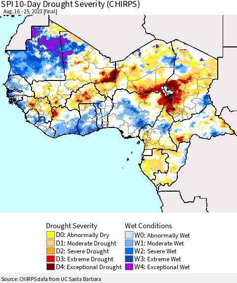 Western Africa SPI 10-Day Drought Severity (CHIRPS) Thematic Map For 8/16/2023 - 8/25/2023