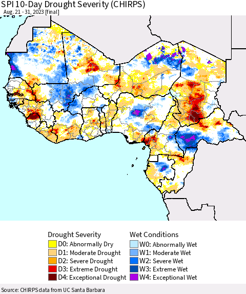 Western Africa SPI 10-Day Drought Severity (CHIRPS) Thematic Map For 8/21/2023 - 8/31/2023