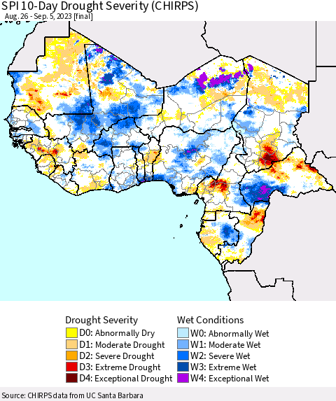 Western Africa SPI 10-Day Drought Severity (CHIRPS) Thematic Map For 8/26/2023 - 9/5/2023