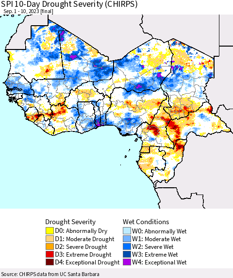 Western Africa SPI 10-Day Drought Severity (CHIRPS) Thematic Map For 9/1/2023 - 9/10/2023