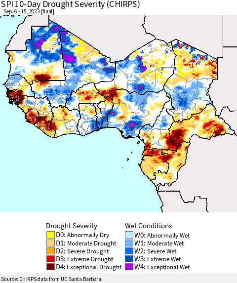 Western Africa SPI 10-Day Drought Severity (CHIRPS) Thematic Map For 9/6/2023 - 9/15/2023