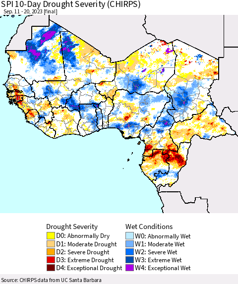 Western Africa SPI 10-Day Drought Severity (CHIRPS) Thematic Map For 9/11/2023 - 9/20/2023