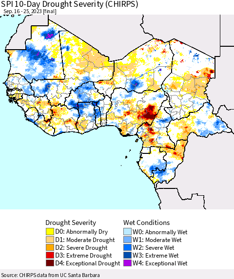 Western Africa SPI 10-Day Drought Severity (CHIRPS) Thematic Map For 9/16/2023 - 9/25/2023