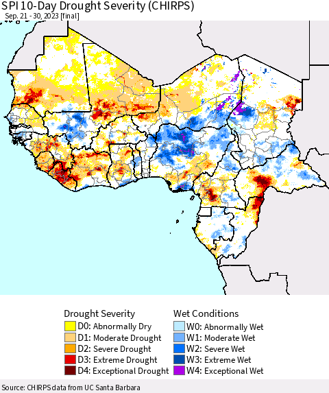 Western Africa SPI 10-Day Drought Severity (CHIRPS) Thematic Map For 9/21/2023 - 9/30/2023