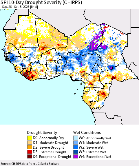 Western Africa SPI 10-Day Drought Severity (CHIRPS) Thematic Map For 9/26/2023 - 10/5/2023