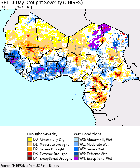 Western Africa SPI 10-Day Drought Severity (CHIRPS) Thematic Map For 10/1/2023 - 10/10/2023