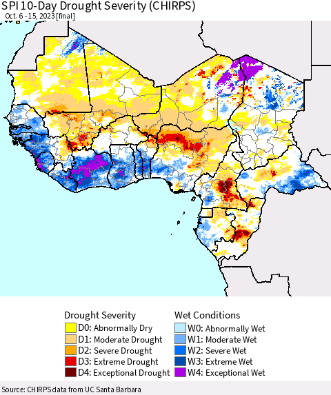 Western Africa SPI 10-Day Drought Severity (CHIRPS) Thematic Map For 10/6/2023 - 10/15/2023