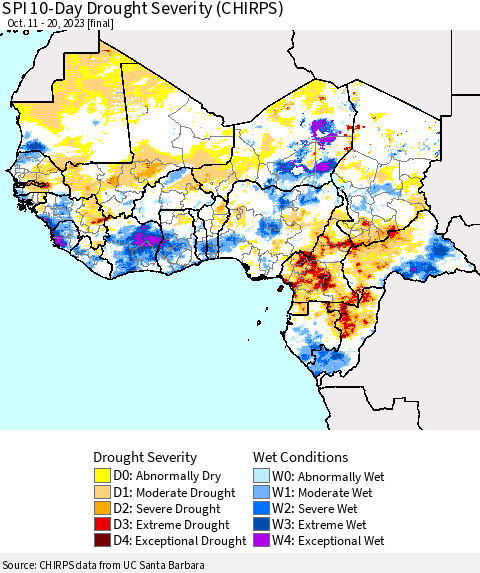 Western Africa SPI 10-Day Drought Severity (CHIRPS) Thematic Map For 10/11/2023 - 10/20/2023