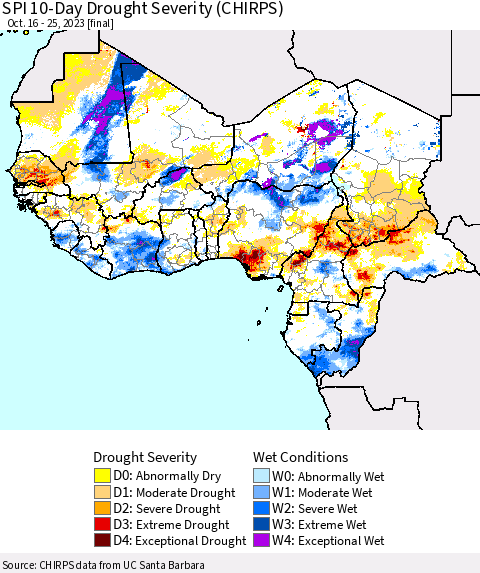 Western Africa SPI 10-Day Drought Severity (CHIRPS) Thematic Map For 10/16/2023 - 10/25/2023