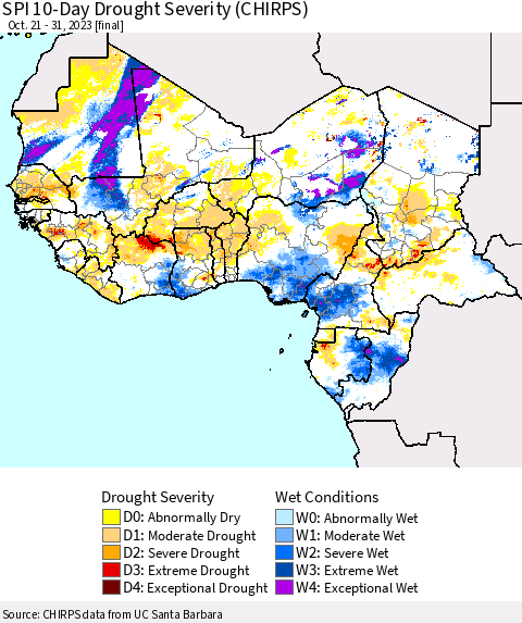 Western Africa SPI 10-Day Drought Severity (CHIRPS) Thematic Map For 10/21/2023 - 10/31/2023