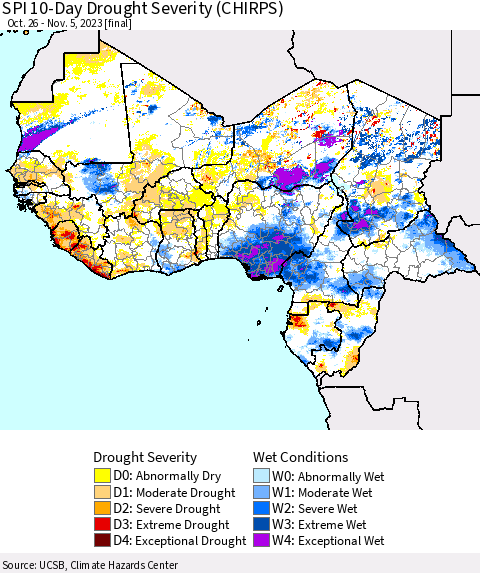 Western Africa SPI 10-Day Drought Severity (CHIRPS) Thematic Map For 10/26/2023 - 11/5/2023