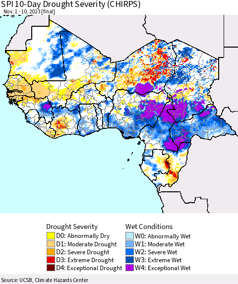 Western Africa SPI 10-Day Drought Severity (CHIRPS) Thematic Map For 11/1/2023 - 11/10/2023