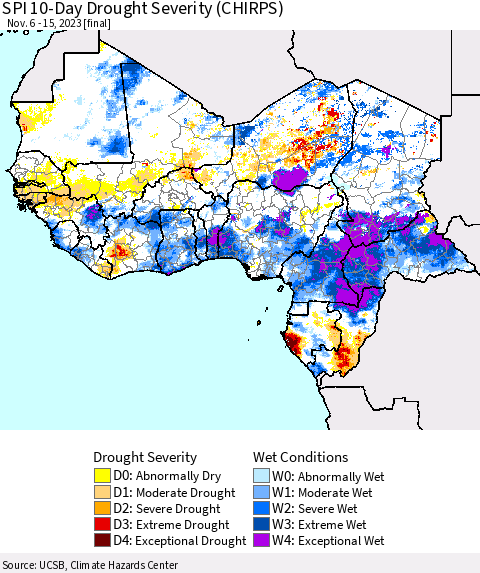 Western Africa SPI 10-Day Drought Severity (CHIRPS) Thematic Map For 11/6/2023 - 11/15/2023