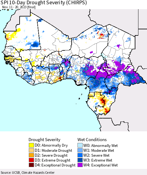 Western Africa SPI 10-Day Drought Severity (CHIRPS) Thematic Map For 11/11/2023 - 11/20/2023