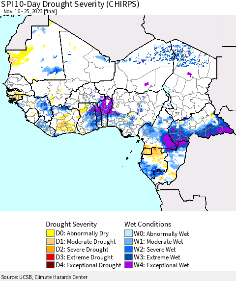 Western Africa SPI 10-Day Drought Severity (CHIRPS) Thematic Map For 11/16/2023 - 11/25/2023