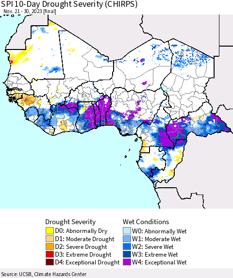 Western Africa SPI 10-Day Drought Severity (CHIRPS) Thematic Map For 11/21/2023 - 11/30/2023