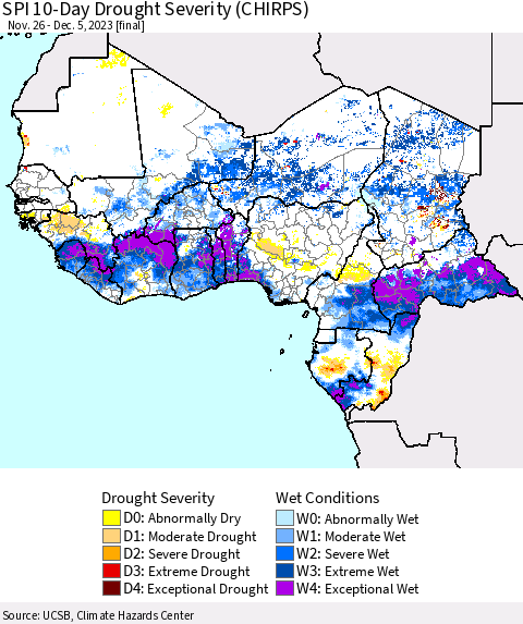 Western Africa SPI 10-Day Drought Severity (CHIRPS) Thematic Map For 11/26/2023 - 12/5/2023