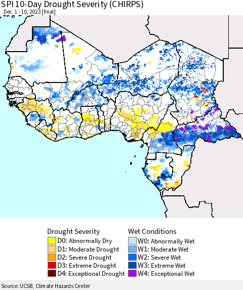 Western Africa SPI 10-Day Drought Severity (CHIRPS) Thematic Map For 12/1/2023 - 12/10/2023