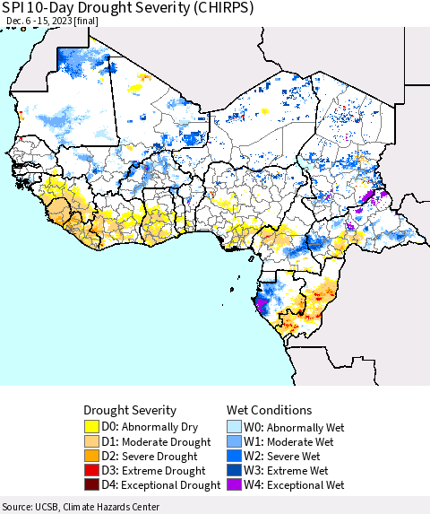Western Africa SPI 10-Day Drought Severity (CHIRPS) Thematic Map For 12/6/2023 - 12/15/2023