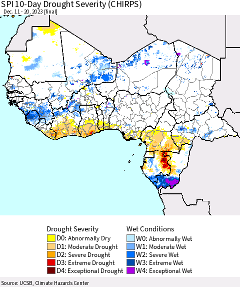 Western Africa SPI 10-Day Drought Severity (CHIRPS) Thematic Map For 12/11/2023 - 12/20/2023