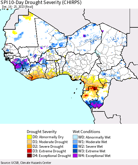 Western Africa SPI 10-Day Drought Severity (CHIRPS) Thematic Map For 12/16/2023 - 12/25/2023
