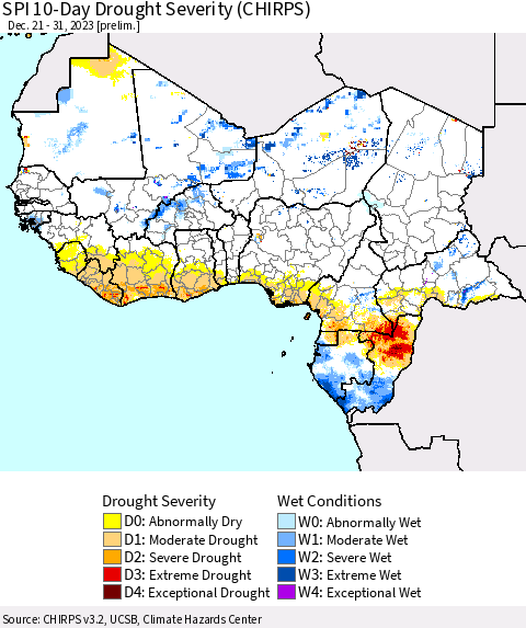 Western Africa SPI 10-Day Drought Severity (CHIRPS) Thematic Map For 12/21/2023 - 12/31/2023