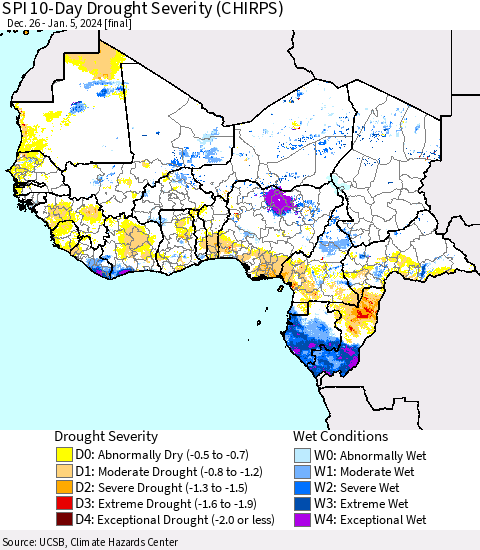 Western Africa SPI 10-Day Drought Severity (CHIRPS) Thematic Map For 12/26/2023 - 1/5/2024