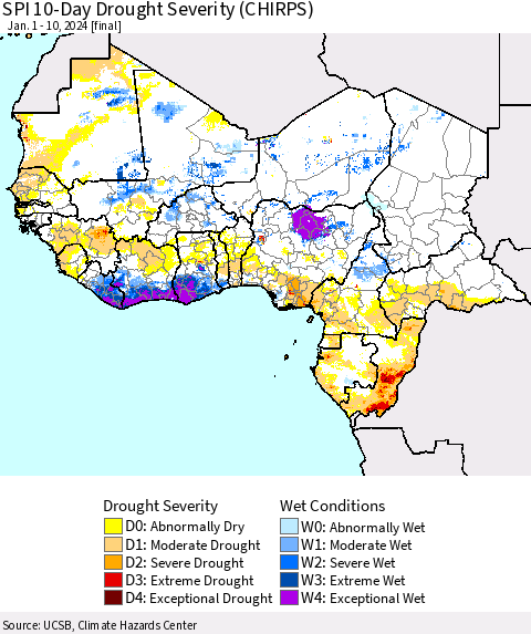 Western Africa SPI 10-Day Drought Severity (CHIRPS) Thematic Map For 1/1/2024 - 1/10/2024