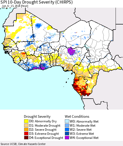 Western Africa SPI 10-Day Drought Severity (CHIRPS) Thematic Map For 1/6/2024 - 1/15/2024