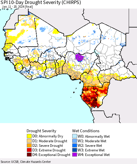 Western Africa SPI 10-Day Drought Severity (CHIRPS) Thematic Map For 1/11/2024 - 1/20/2024