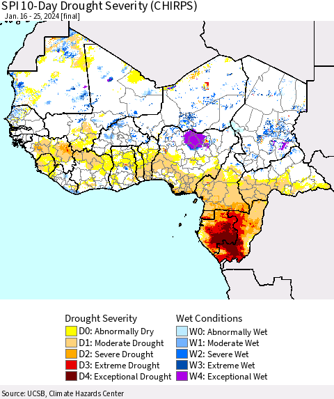 Western Africa SPI 10-Day Drought Severity (CHIRPS) Thematic Map For 1/16/2024 - 1/25/2024