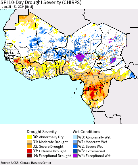Western Africa SPI 10-Day Drought Severity (CHIRPS) Thematic Map For 1/21/2024 - 1/31/2024