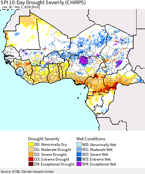 Western Africa SPI 10-Day Drought Severity (CHIRPS) Thematic Map For 1/26/2024 - 2/5/2024