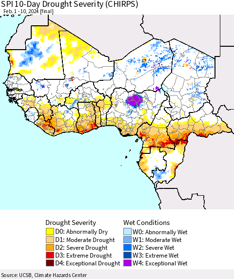 Western Africa SPI 10-Day Drought Severity (CHIRPS) Thematic Map For 2/1/2024 - 2/10/2024