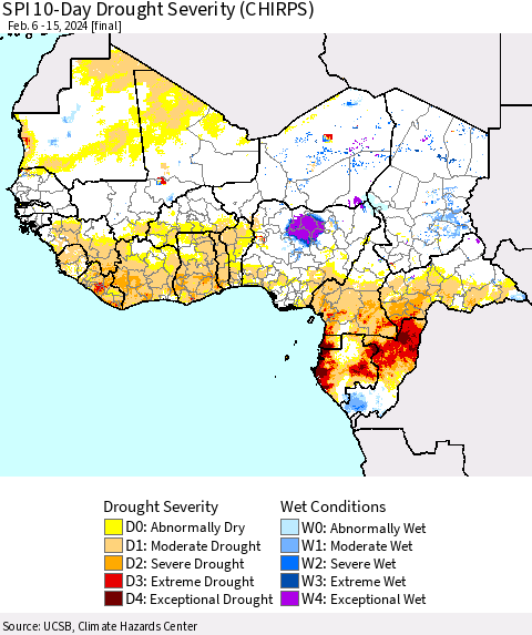 Western Africa SPI 10-Day Drought Severity (CHIRPS) Thematic Map For 2/6/2024 - 2/15/2024